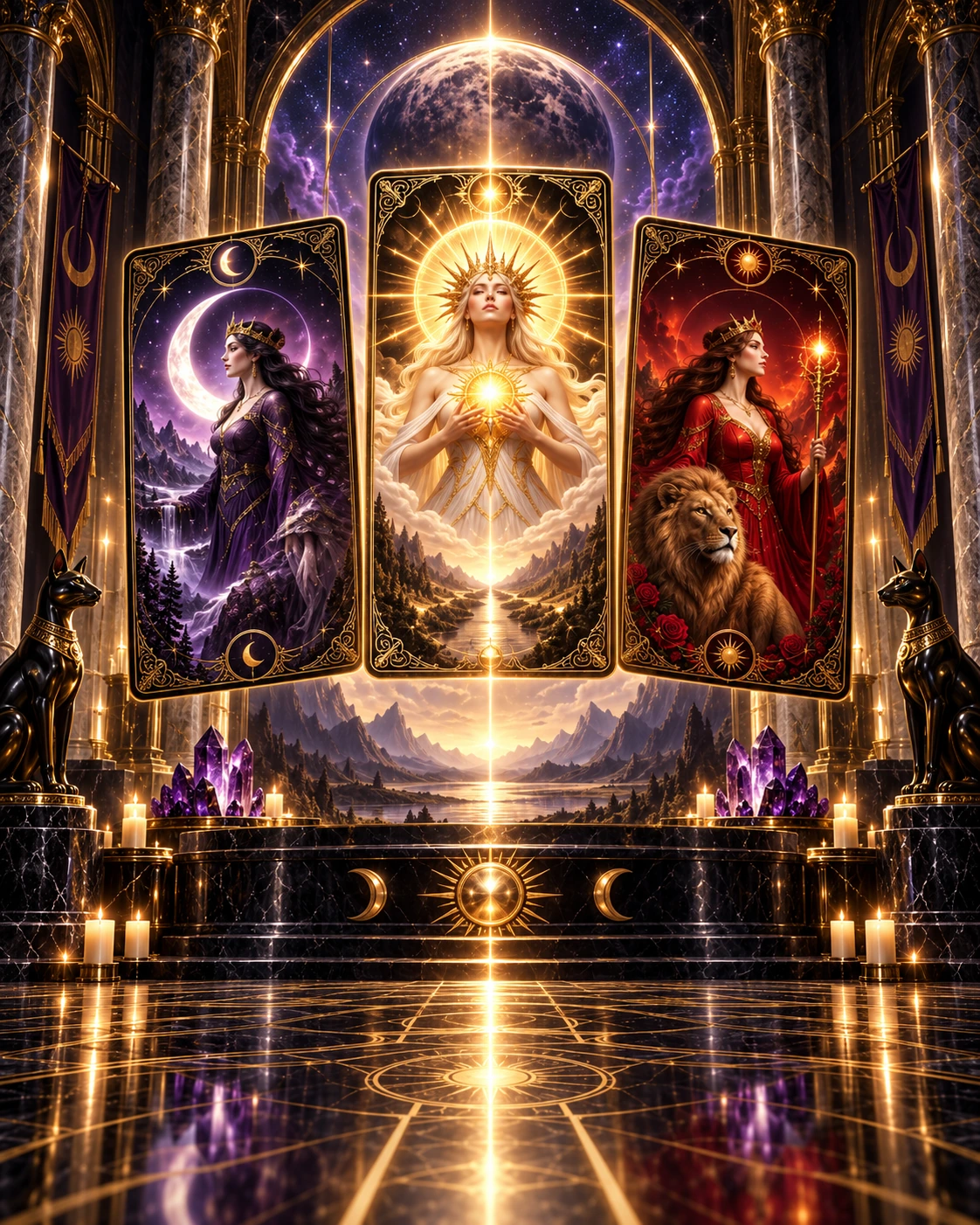 Tarô Oracular — três cartas douradas com figuras da Lua, do Sol e da Força em um templo cósmico — Mallerba